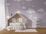 Tapet Personalizat Taramul Printeselor pentru copii cu cer instelat in nuante lila mov - LILA STARRY NIGHT