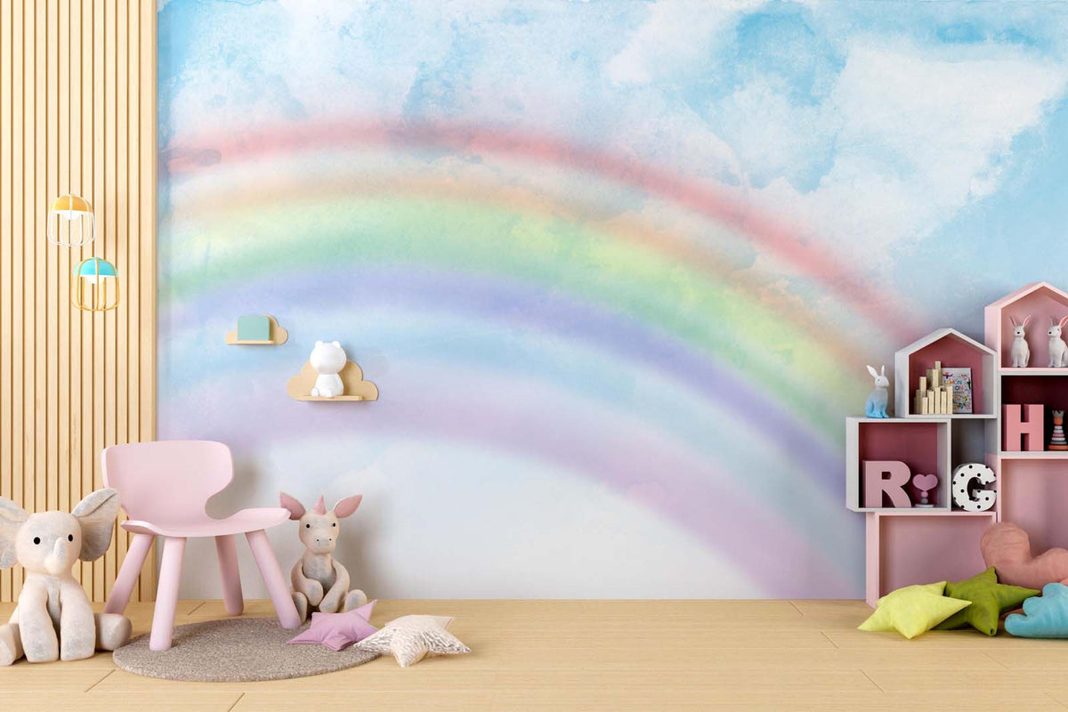 Tapet Personalizat Taramul Printeselor pentru copii cu cer cu nori si curcubeu estompat - BLUE SKY RAINBOW