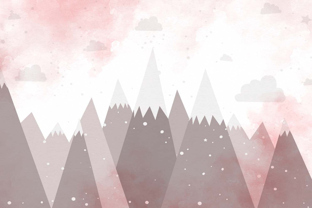 Tapet Personalizat Taramul Printeselor pentru copii cu munti inalti in nuante de roz - SNOWY PINK MOUNTAINS
