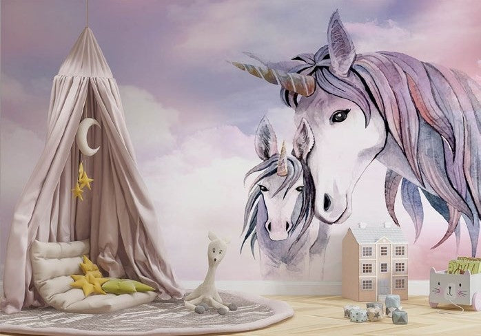 Tapet Personalizat Taramul Printeselor pentru copii cu unicorni printre nori in nuante de mov - MAUVE UNICORNS