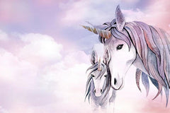 Tapet Personalizat Taramul Printeselor pentru copii cu unicorni printre nori in nuante de mov - MAUVE UNICORNS