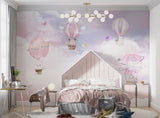 Tapet Personalizat Taramul Printeselor pentru copii cu animalute in baloane roz cu aer cald - PURPLE BUNNY BALLOONS