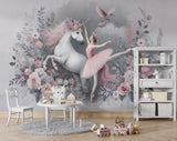 Tapet Personalizat Taramul Printeselor pentru copii cu unicorn si balerina cu elemente florale in nuante de roz - UNICORN BALLERINA