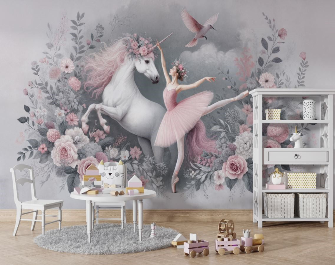 Tapet Personalizat Taramul Printeselor pentru copii cu unicorn si balerina cu elemente florale in nuante de roz - UNICORN BALLERINA
