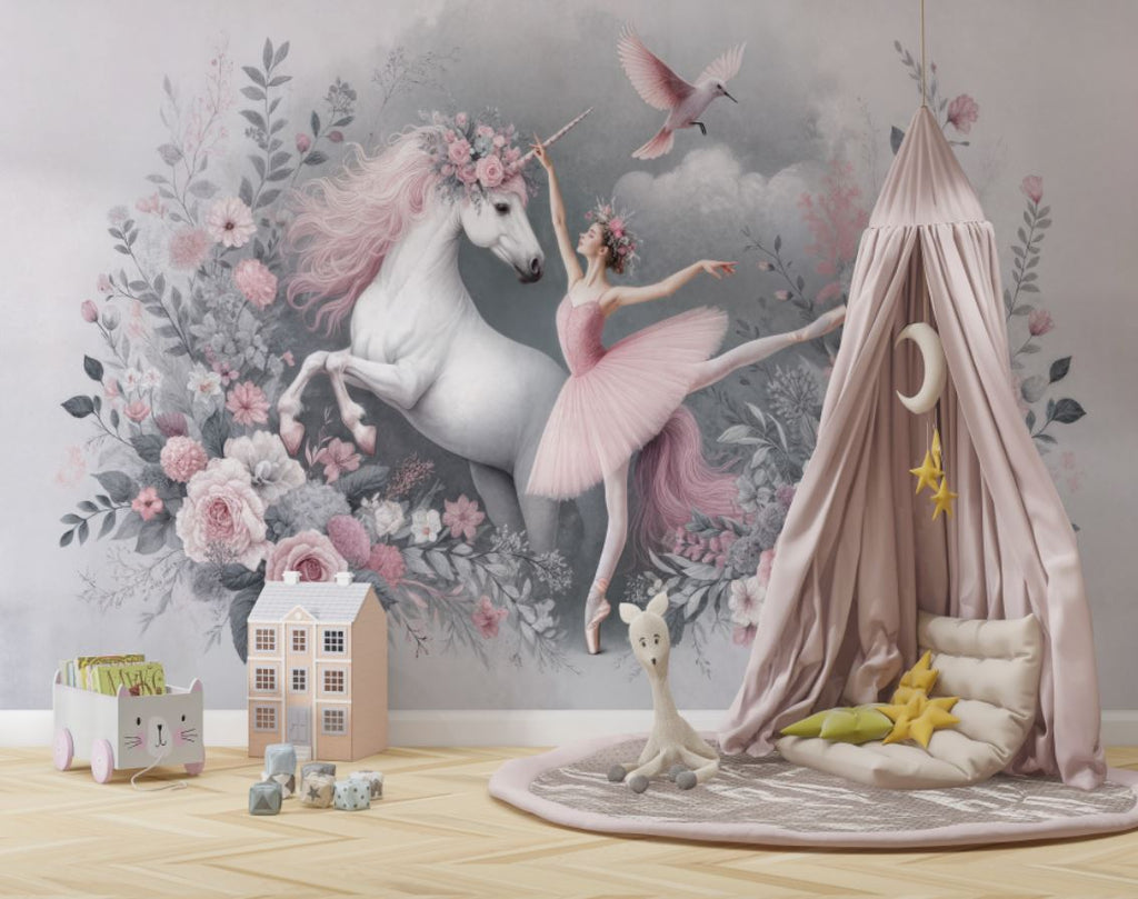 Tapet Personalizat Taramul Printeselor pentru copii cu unicorn si balerina cu elemente florale in nuante de roz - UNICORN BALLERINA