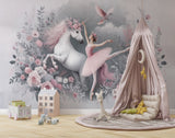 Tapet Personalizat Taramul Printeselor pentru copii cu unicorn si balerina cu elemente florale in nuante de roz - UNICORN BALLERINA