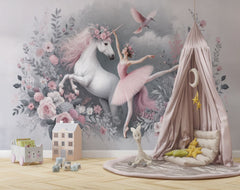 Tapet Personalizat Taramul Printeselor pentru copii cu unicorn si balerina cu elemente florale in nuante de roz - UNICORN BALLERINA