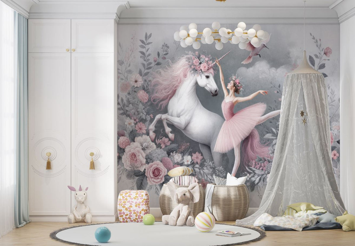 Tapet Personalizat Taramul Printeselor pentru copii cu unicorn si balerina cu elemente florale in nuante de roz - UNICORN BALLERINA