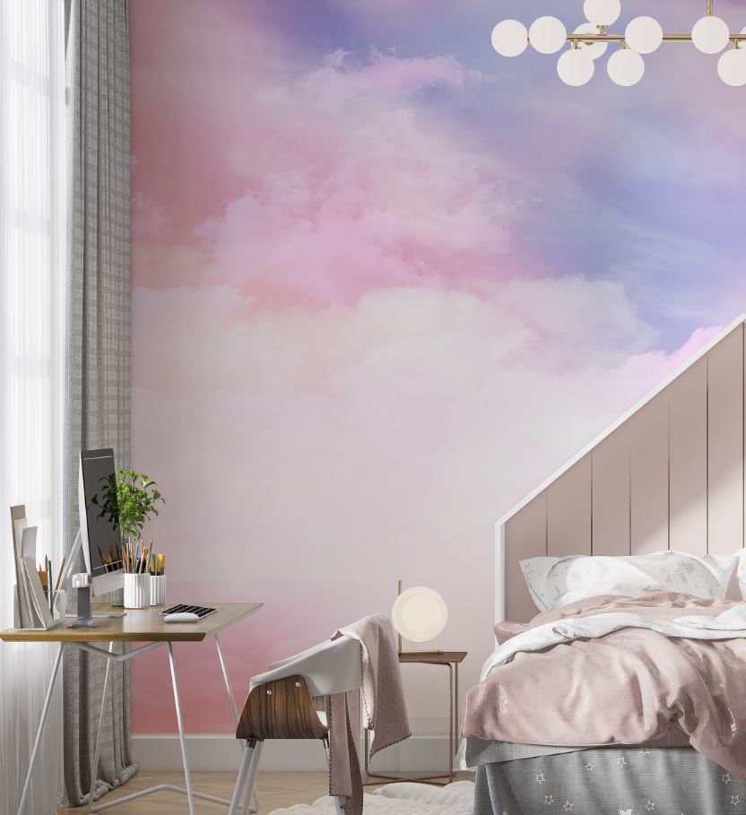 Tapet Personalizat Taramul Printeselor pentru copii cu cer innorat in nuante de mov si roz - MAUVE SERENITY