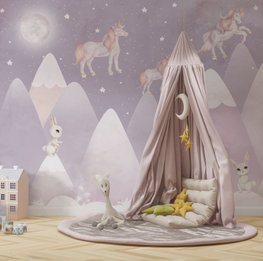 Tapet Personalizat Taramul Printeselor pentru copii cu iepurasi si unicorni deasupra muntilor in nuante de mov - NIGHTY BUNNY UNICORN