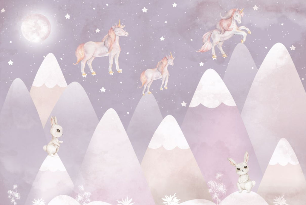 Tapet Personalizat Taramul Printeselor pentru copii cu iepurasi si unicorni deasupra muntilor in nuante de mov - NIGHTY BUNNY UNICORN