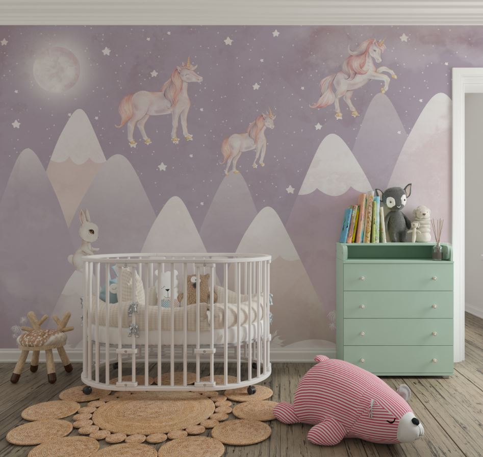 Tapet Personalizat Taramul Printeselor pentru copii cu iepurasi si unicorni deasupra muntilor in nuante de mov - NIGHTY BUNNY UNICORN