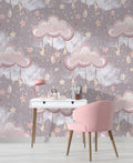 Tapet Personalizat Taramul Printeselor pentru copii cu norisori roz cu picaturi si stelute  - DRIPPY CLOUDS
