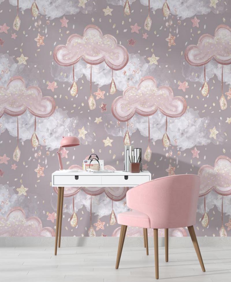 Tapet Personalizat Taramul Printeselor pentru copii cu norisori roz cu picaturi si stelute  - DRIPPY CLOUDS