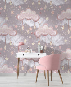 Tapet Personalizat Taramul Printeselor pentru copii cu norisori roz cu picaturi si stelute  - DRIPPY CLOUDS