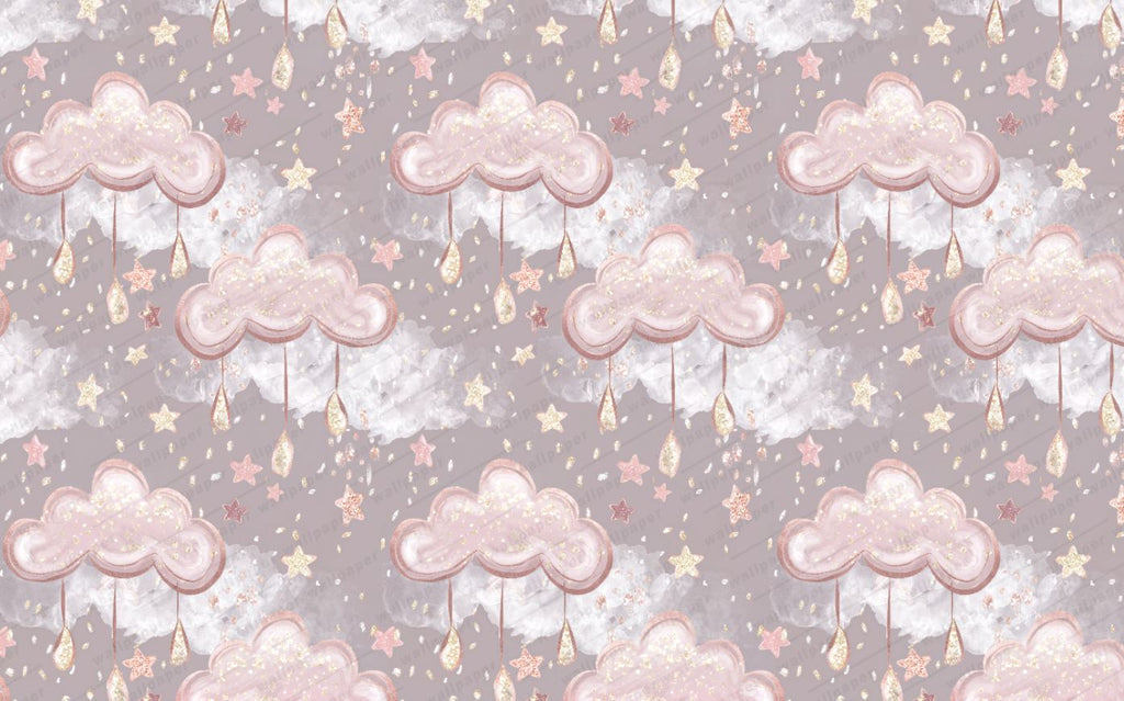 Tapet Personalizat Taramul Printeselor pentru copii cu norisori roz cu picaturi si stelute  - DRIPPY CLOUDS