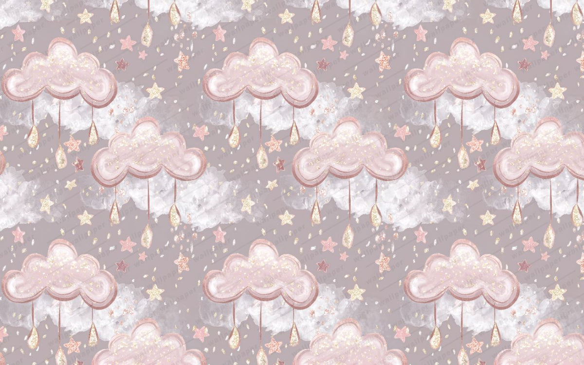 Tapet Personalizat Taramul Printeselor pentru copii cu norisori roz cu picaturi si stelute  - DRIPPY CLOUDS