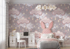 Tapet Personalizat Taramul Printeselor pentru copii cu norisori roz cu picaturi si stelute  - DRIPPY CLOUDS