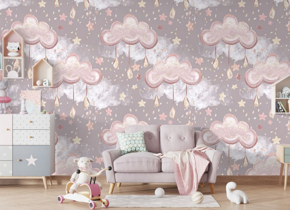 Tapet Personalizat Taramul Printeselor pentru copii cu norisori roz cu picaturi si stelute  - DRIPPY CLOUDS