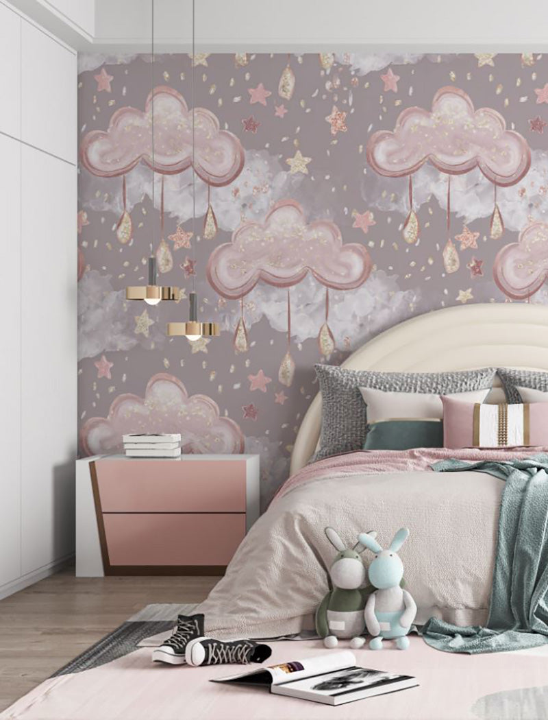 Tapet Personalizat Taramul Printeselor pentru copii cu norisori roz cu picaturi si stelute  - DRIPPY CLOUDS
