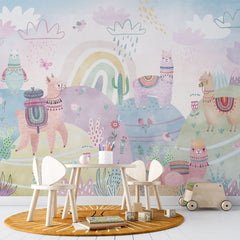 Tapet Personalizat Taramul Printeselor pentru copii cu lame multicolore decorate si dealuri cu vegetatie roz - PINK LAMMA WORLD