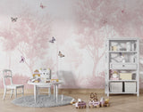 Tapet Personalizat Taramul Printeselor pentru copii cu padure roz si fluturi colorati - PINK FOREST BUTTERFLIES
