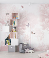 Tapet Personalizat Taramul Printeselor pentru copii cu padure roz si fluturi colorati - PINK FOREST BUTTERFLIES