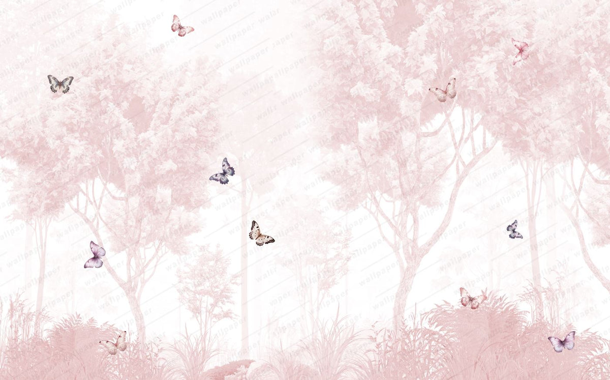Tapet Personalizat Taramul Printeselor pentru copii cu padure roz si fluturi colorati - PINK FOREST BUTTERFLIES