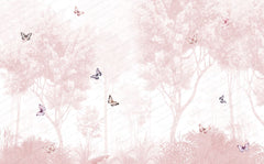 Tapet Personalizat Taramul Printeselor pentru copii cu padure roz si fluturi colorati - PINK FOREST BUTTERFLIES