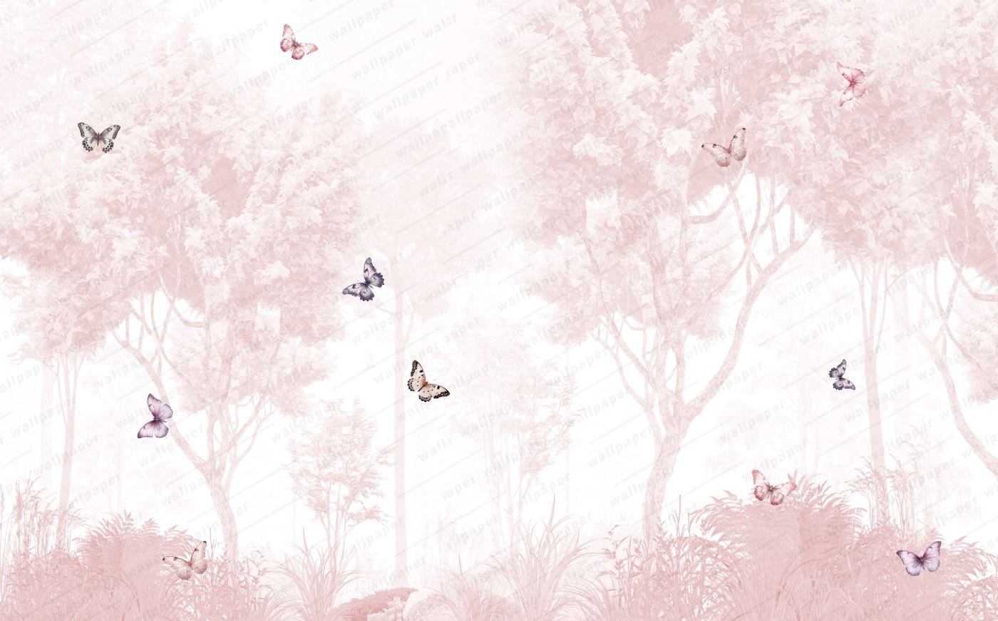 Tapet Personalizat Taramul Printeselor pentru copii cu padure roz si fluturi colorati - PINK FOREST BUTTERFLIES