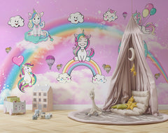 Tapet Personalizat Taramul Printeselor pentru copii cu ponei unicorni si baloane peste curcubeu pe un fundal roz - MAGIC UNICORNS
