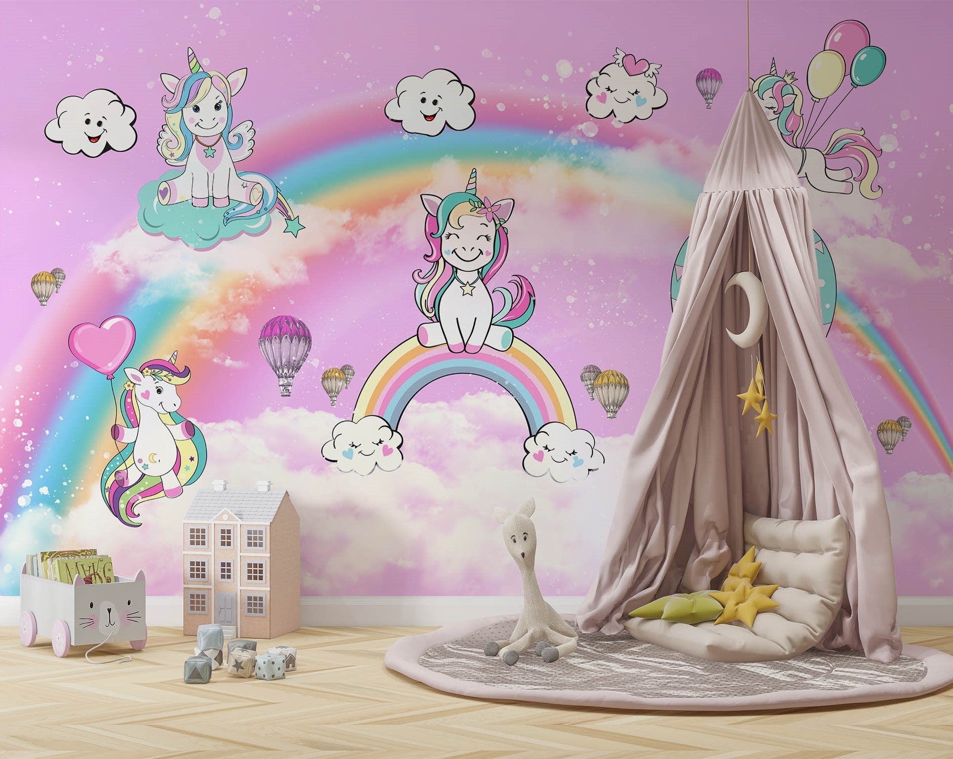 Tapet Personalizat Taramul Printeselor pentru copii cu ponei unicorni si baloane peste curcubeu pe un fundal roz - MAGIC UNICORNS