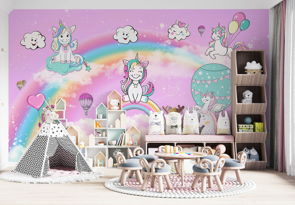 Tapet Personalizat Taramul Printeselor pentru copii cu ponei unicorni si baloane peste curcubeu pe un fundal roz - MAGIC UNICORNS