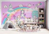 Tapet Personalizat Taramul Printeselor pentru copii cu ponei unicorni si baloane peste curcubeu pe un fundal roz - MAGIC UNICORNS