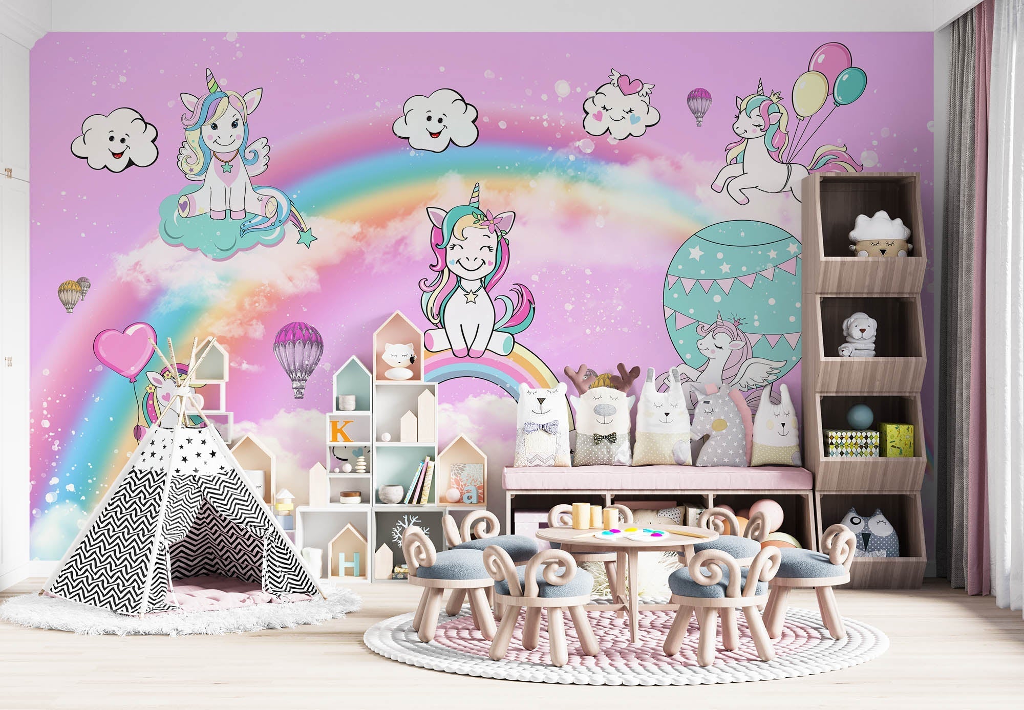 Tapet Personalizat Taramul Printeselor pentru copii cu ponei unicorni si baloane peste curcubeu pe un fundal roz - MAGIC UNICORNS