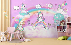 Tapet Personalizat Taramul Printeselor pentru copii cu ponei unicorni si baloane peste curcubeu pe un fundal roz - MAGIC UNICORNS