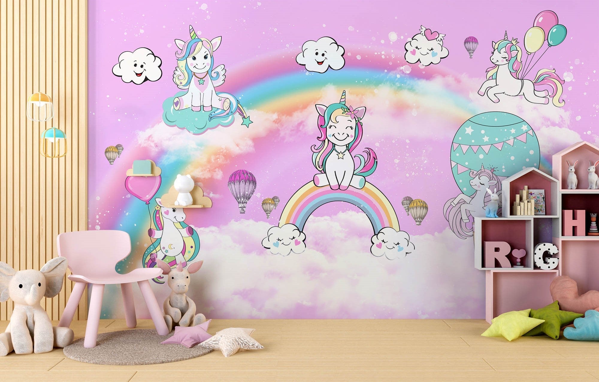 Tapet Personalizat Taramul Printeselor pentru copii cu ponei unicorni si baloane peste curcubeu pe un fundal roz - MAGIC UNICORNS
