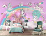 Tapet Personalizat Taramul Printeselor pentru copii cu ponei unicorni si baloane peste curcubeu pe un fundal roz - MAGIC UNICORNS