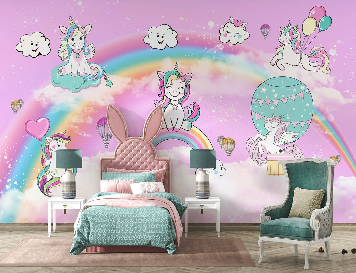 Tapet Personalizat Taramul Printeselor pentru copii cu ponei unicorni si baloane peste curcubeu pe un fundal roz - MAGIC UNICORNS