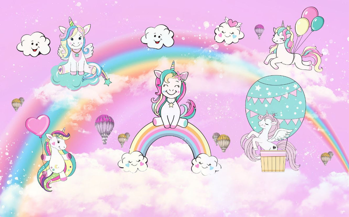 Tapet Personalizat Taramul Printeselor pentru copii cu ponei unicorni si baloane peste curcubeu pe un fundal roz - MAGIC UNICORNS
