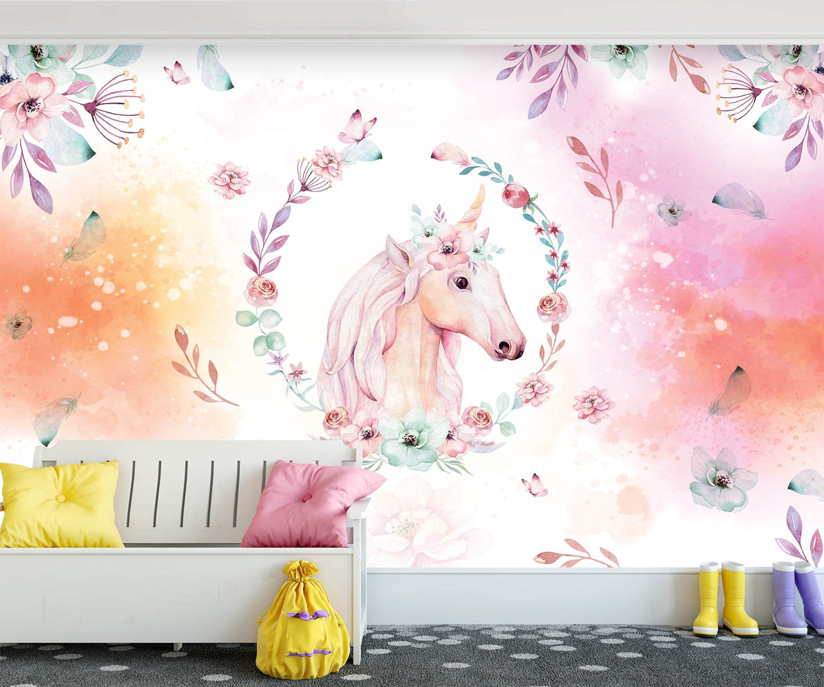 Tapet Personalizat Taramul Printeselor pentru copii cu portret pictat de unicorn cu motive florale - UNICORN PORTRAIT