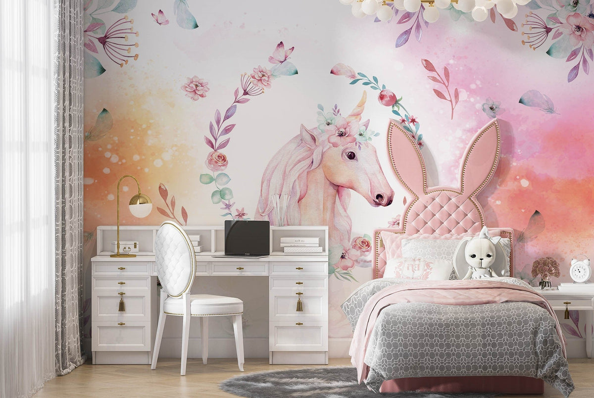 Tapet Personalizat Taramul Printeselor pentru copii cu portret pictat de unicorn cu motive florale - UNICORN PORTRAIT