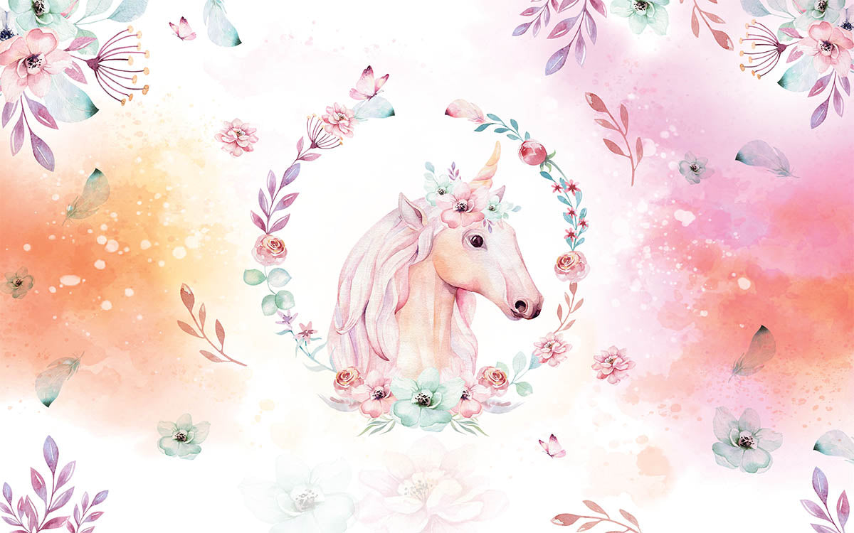 Tapet Personalizat Taramul Printeselor pentru copii cu portret pictat de unicorn cu motive florale - UNICORN PORTRAIT