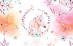 Tapet Personalizat Taramul Printeselor pentru copii cu portret pictat de unicorn cu motive florale - UNICORN PORTRAIT