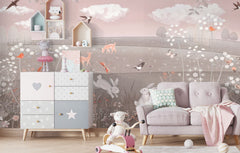 Tapet Personalizat Taramul Printeselor pentru copii cu iepurasi si animale pe o pajiste in nuante rozalii si maro  - PINK BUNNY HOP
