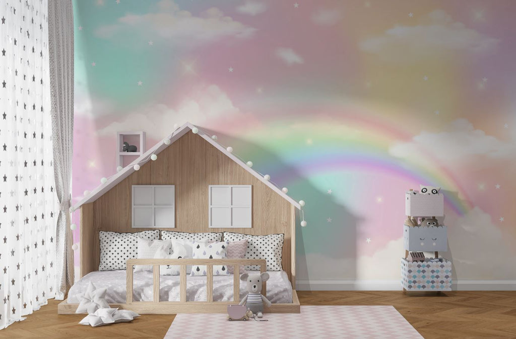 Tapet Personalizat Taramul Printeselor pentru copii cu cer multicolor si curcubeu - FAIRY RAINBOW