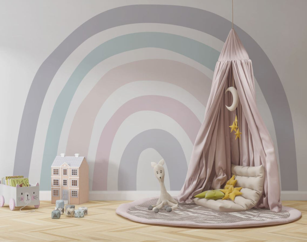 Tapet Personalizat Taramul Printeselor pentru copii cu curcubeu minimalist in nuante pastel - PASTEL RAINBOW