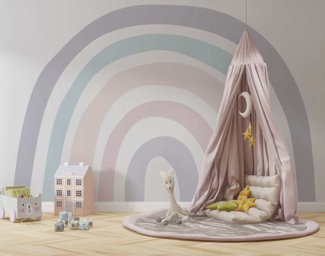 Tapet Personalizat Taramul Printeselor pentru copii cu curcubeu minimalist in nuante pastel - PASTEL RAINBOW