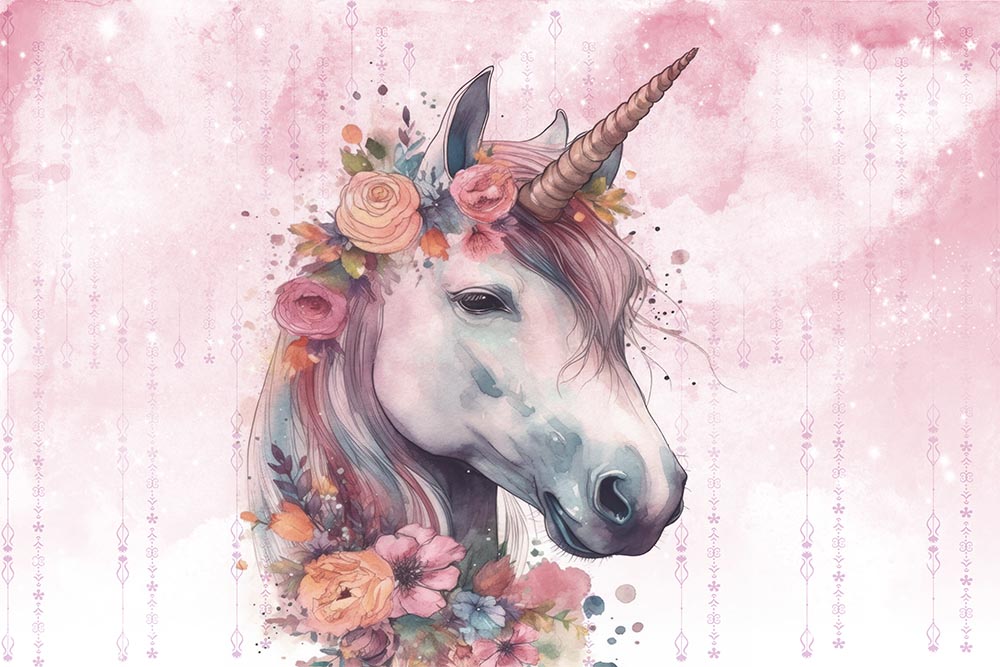 Tapet Personalizat Taramul Printeselor pentru copii cu unicorn si elemente florale - FLORAL UNICORN PORTRAIT
