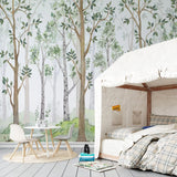 Tapet personalizat natura pentru copii cu copaci intr o padure verde in ceata foggy forest
